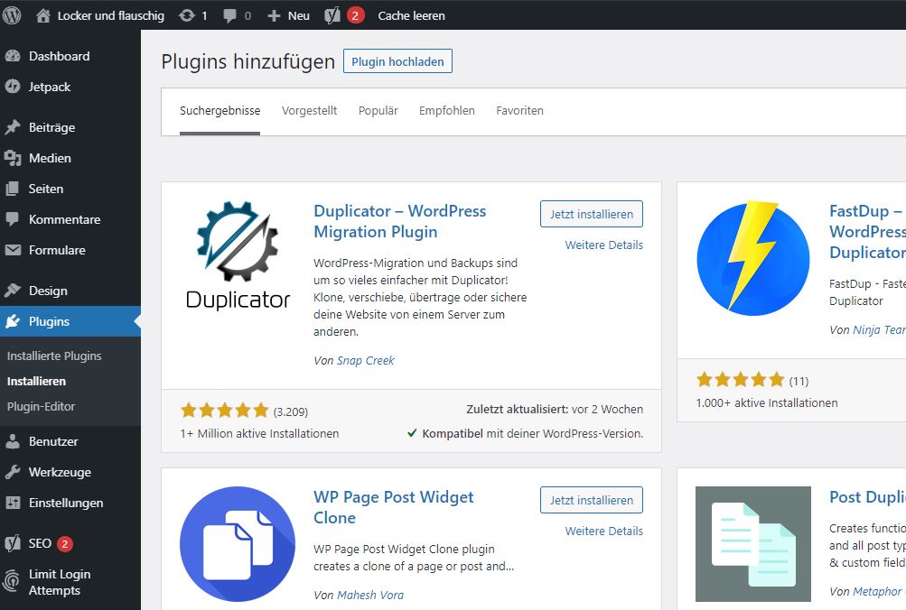 Installation von Duplicator Plugin in WordPress